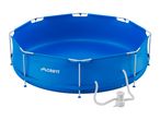Blue round frame pool with a filter pump, ready for outdoor use.