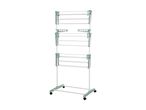 A tall, multi-tiered clothes drying rack with light green plastic accents and white metal bars.
