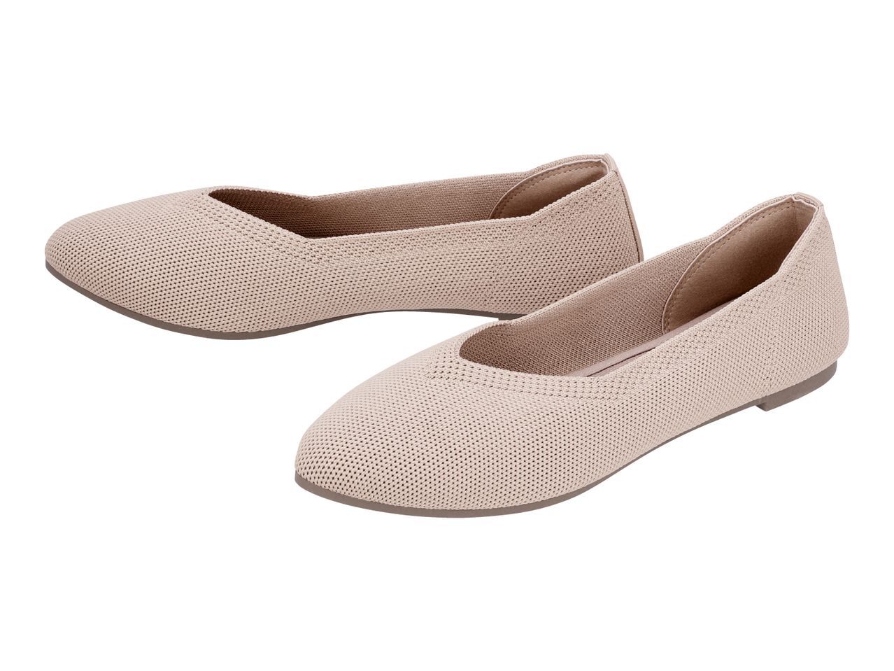 Pair of beige knitted ballet flats with a pointed toe and flat sole.