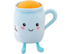 A light blue plush tea cup with a smiling face, pink cheeks, and small blue feet.