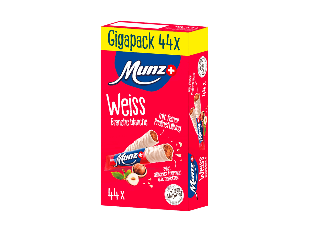 Packung mit 44 weißen Schokoriegeln mit Pralinenfüllung und Haselnüssen.