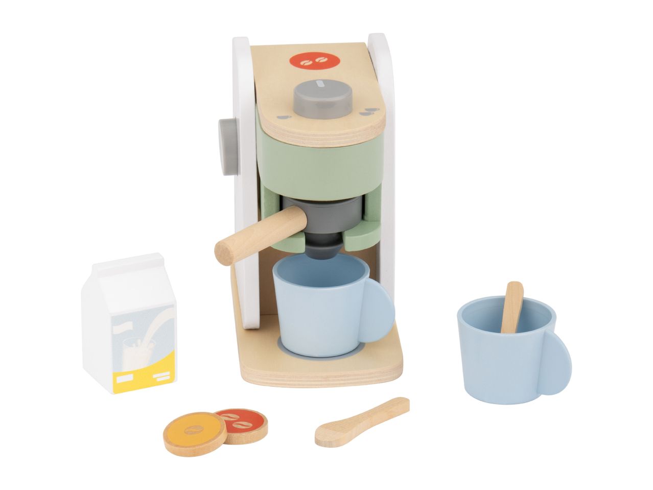 Wooden toy coffee machine with cups, milk carton, coffee pods, and stirring stick.