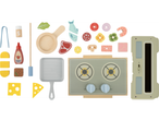 Conjunto de brinquedos de madeira com comida e utensílios de cozinha para brincadeiras de faz de conta