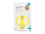 Yellow animal-shaped silicone teether for babies, with text indicating it's for 3m+ and helps relieve sore gums.