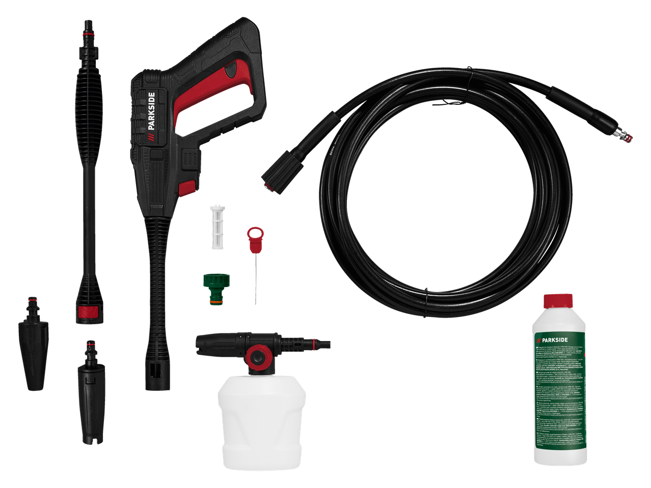 Parkside pressure washer with hose and accessories.