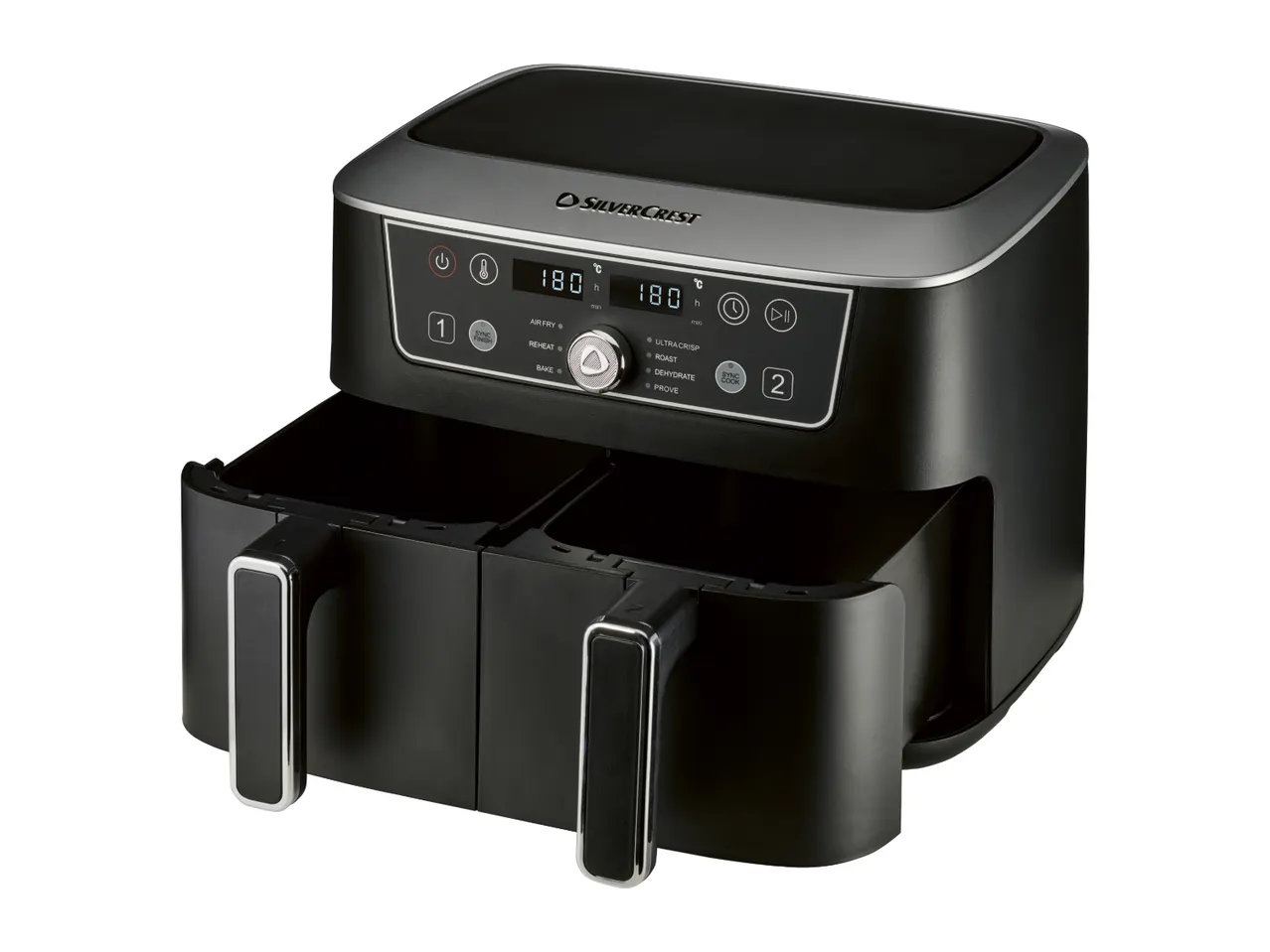 Black dual-basket air fryer with digital display showing 180°C and various cooking functions.