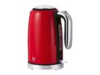 Red electric kettle with chrome details and a water level indicator