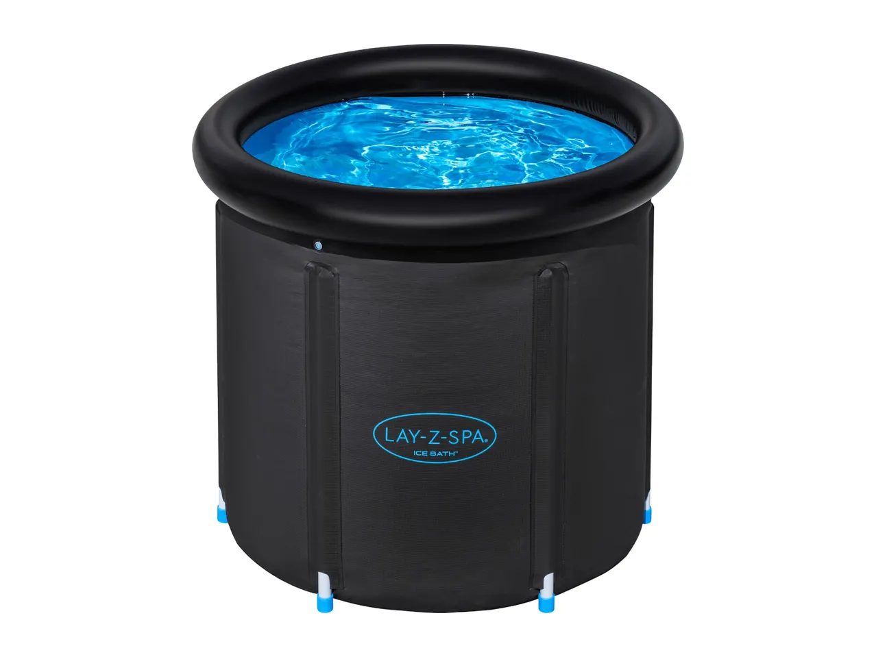 Black inflatable ice bath with blue water and a logo on the side.