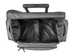 Top view of an open grey rolling duffel bag with a black interior and telescopic handle