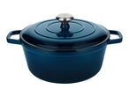 Dark blue cast iron casserole dish with lid and silver knob
