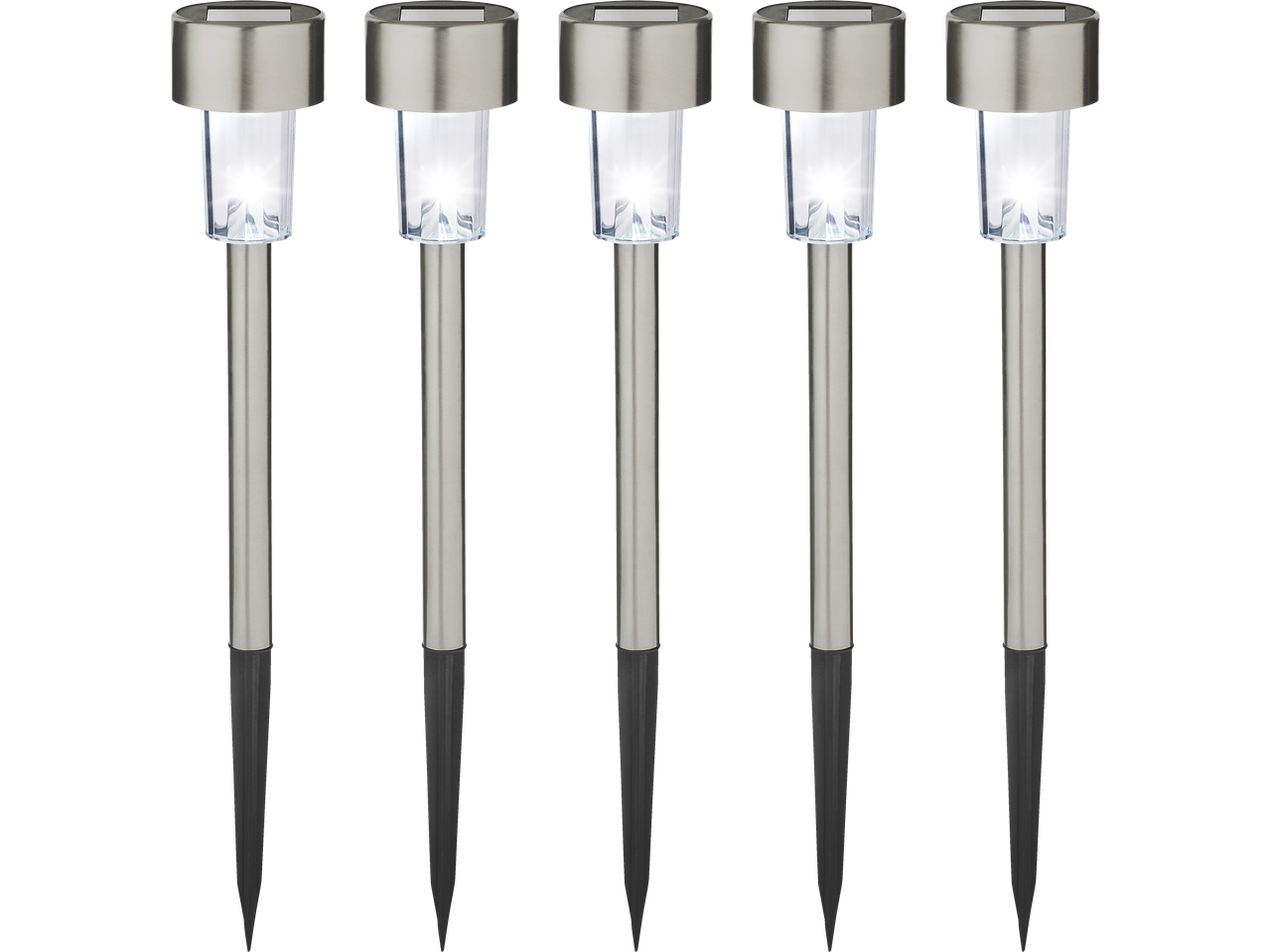 Five Livarno LED solar lights with stainless steel tops and bright white light.