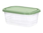 Rectangular clear food storage container with a light green lid.