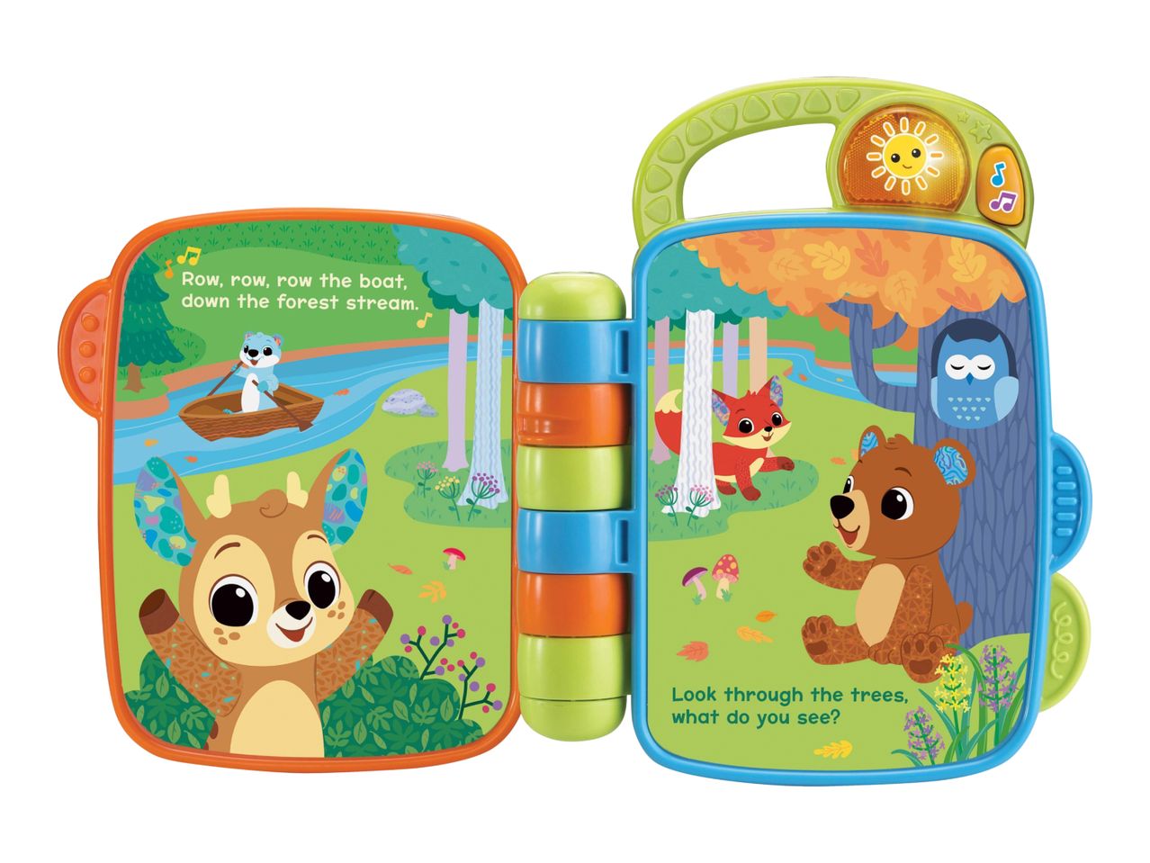 Interactive baby book with forest animals, a sun, and text: 'Row, row, row the boat, down the forest stream.' and 'Look through the trees, what do you see?'
