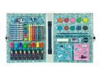 An art set with colored pencils, markers, paints, and other supplies in a teal carrying case.