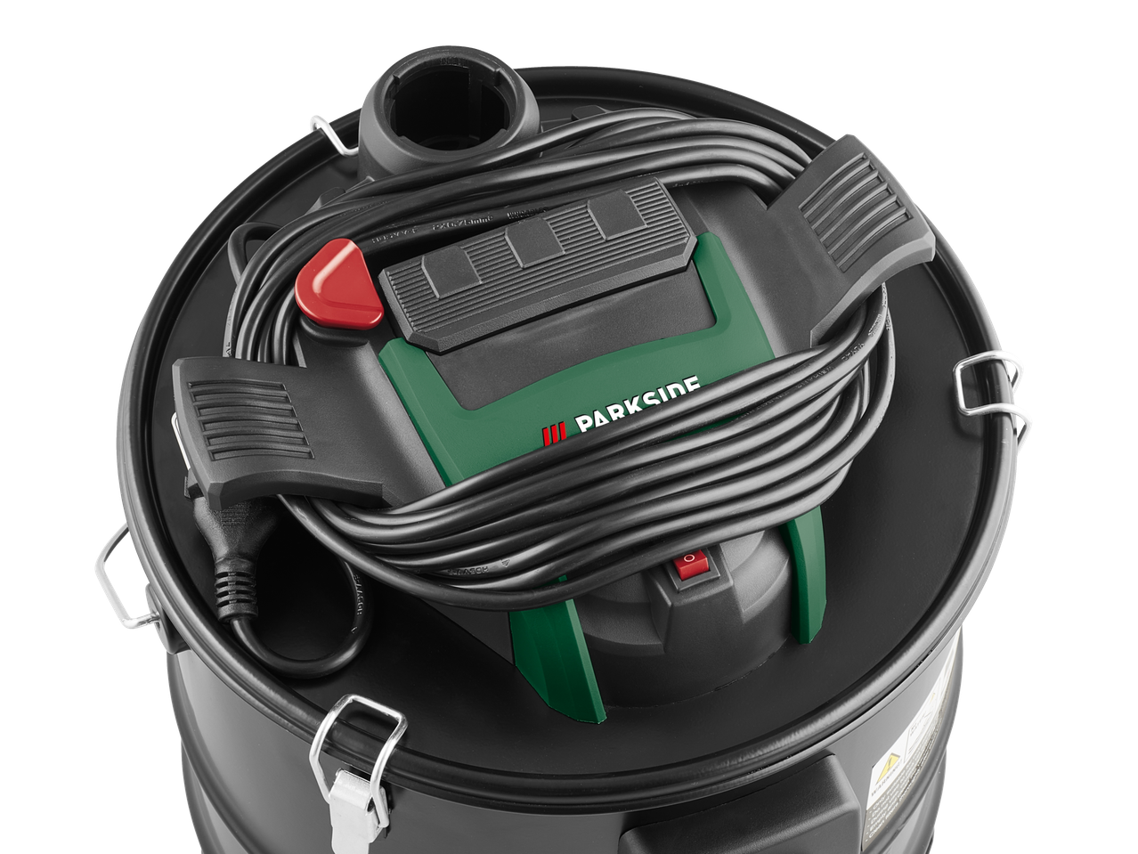 Ash vacuum cleaner with a coiled power cord and accessories on top, viewed from above.