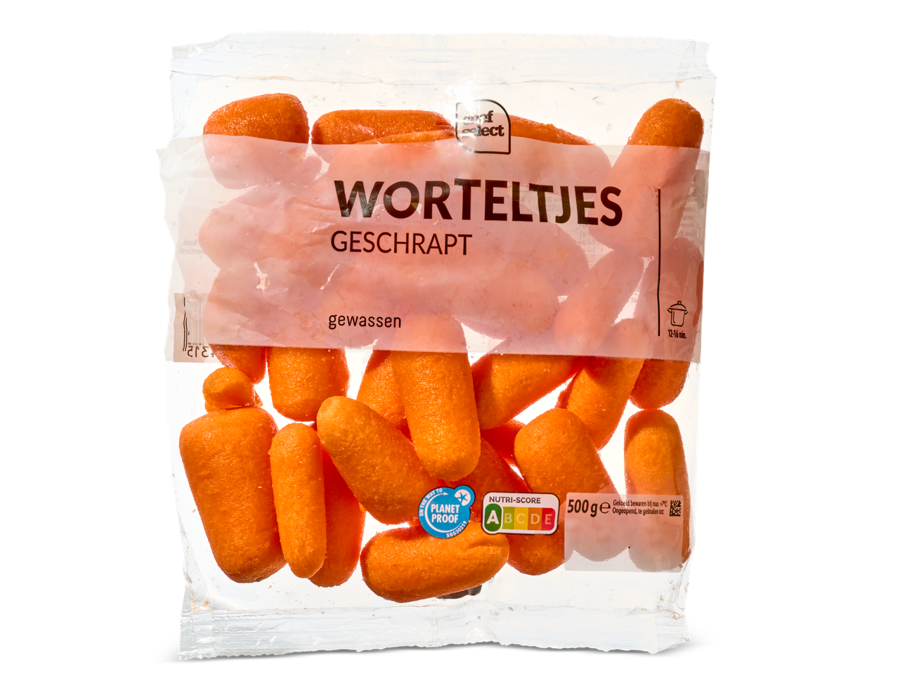 Een zak geschrapte worteltjes met een Nutri-Score A label.
