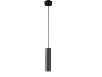 Candeeiro suspenso preto com forma cilíndrica e design minimalista.