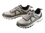 A pair of men's olive green and beige trail running shoes with patterned laces