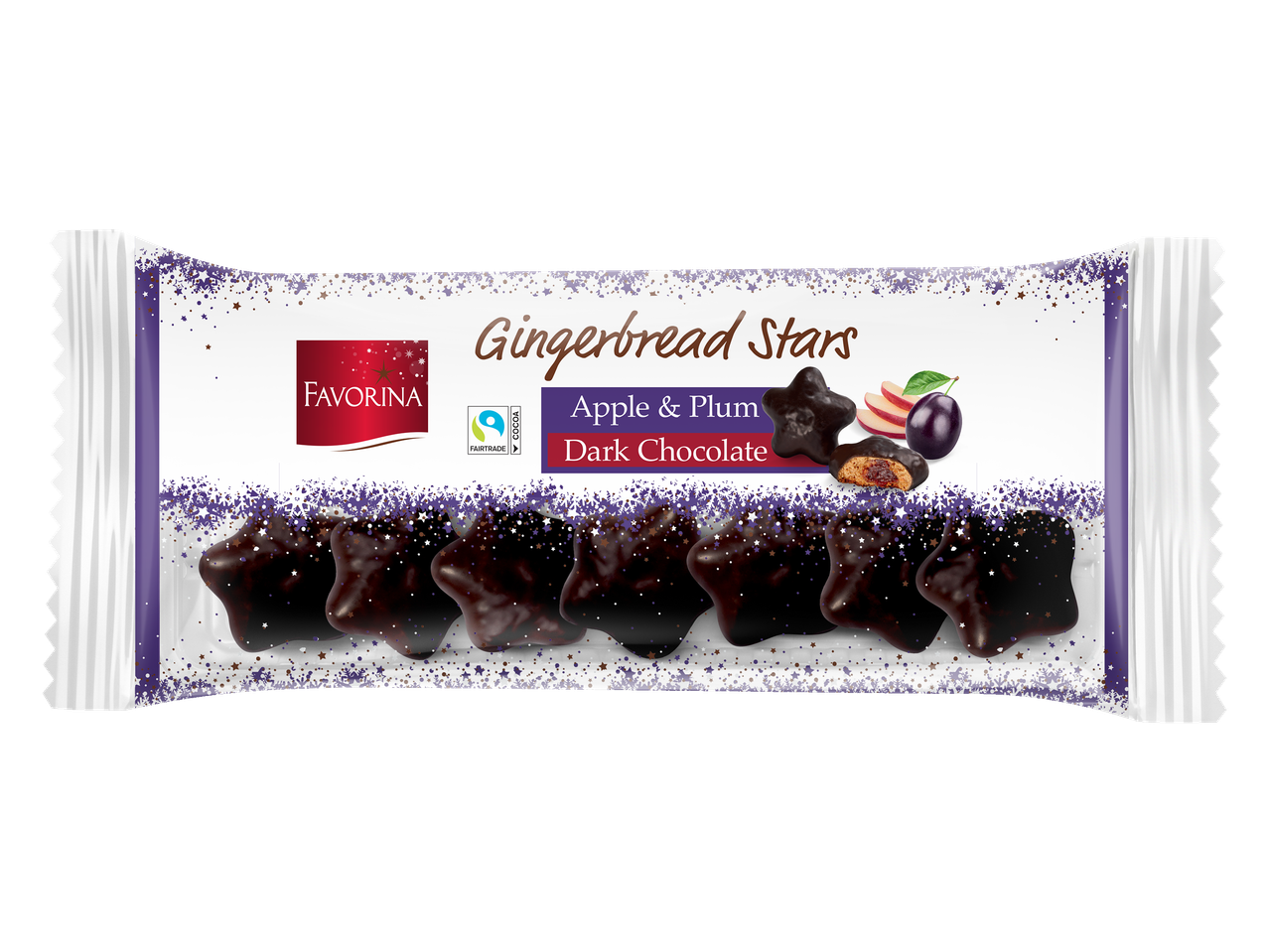 Favorina piparkoogitähed õuna- ja ploomitäidisega tumedas šokolaadis.
