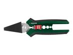 Green and black multi-purpose garden shears with a red locking mechanism and wire stripping holes.