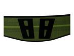 Black and lime green back support belt with two large cutouts.