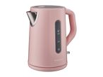 Pink electric kettle with a water level indicator showing measurements from 0.5L to 1.7L.