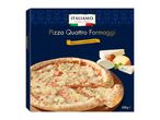Box of Quattro Formaggi pizza, baked in a wood-fired oven, with a slice removed, showing various cheeses.