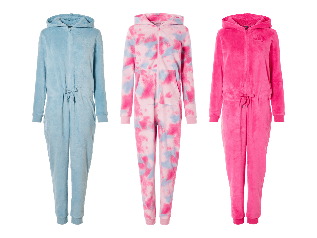 Kolme fleecehaalaria: vaaleansininen, pinkki-sininen solmuvärjätty ja pinkki Dreams-tekstillä.