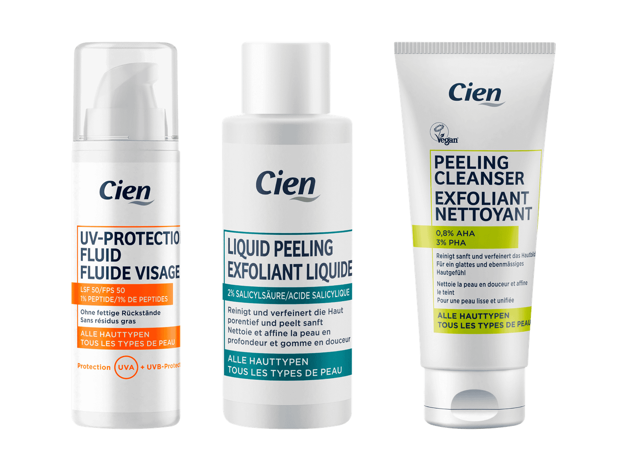 Trois produits de soin pour le visage : un fluide UV, un exfoliant liquide et un nettoyant exfoliant.