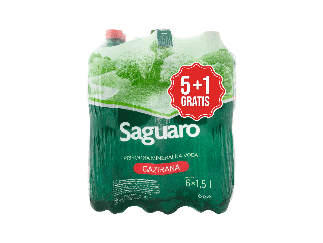 Pakovanje od 6 flaša gazirane prirodne mineralne vode od 1,5L sa natpisom '5+1 GRATIS'.