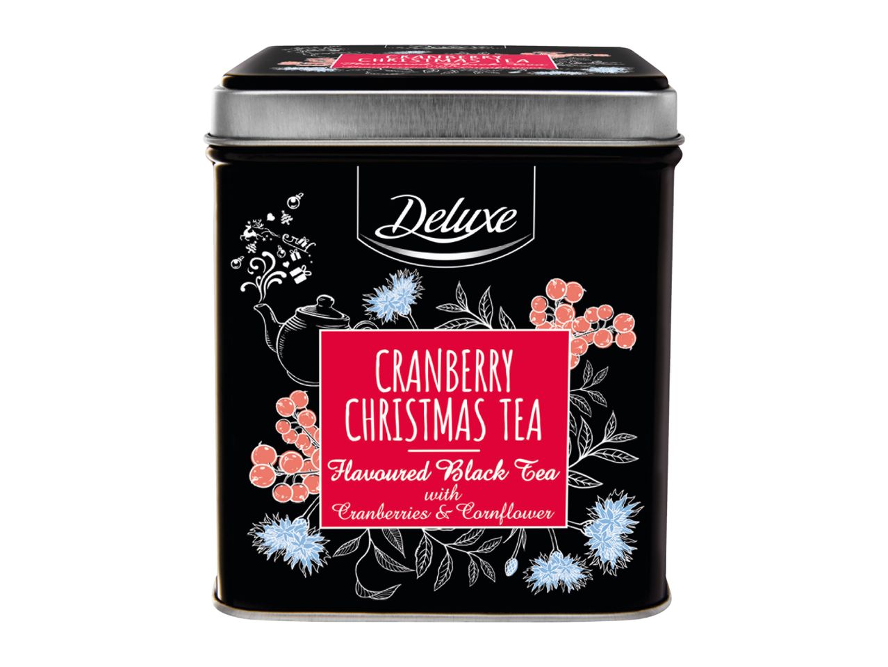 Deluxe Cranberry Christmas Tea tin with festive illustrations.