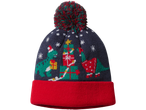 Christmas beanie with a pom-pom, featuring dinosaurs, a Christmas tree, and presents.