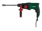 Green and black rotary hammer drill with a chisel bit and red accents