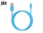 Juice blue USB to Lightning charging cable coiled in a circle.