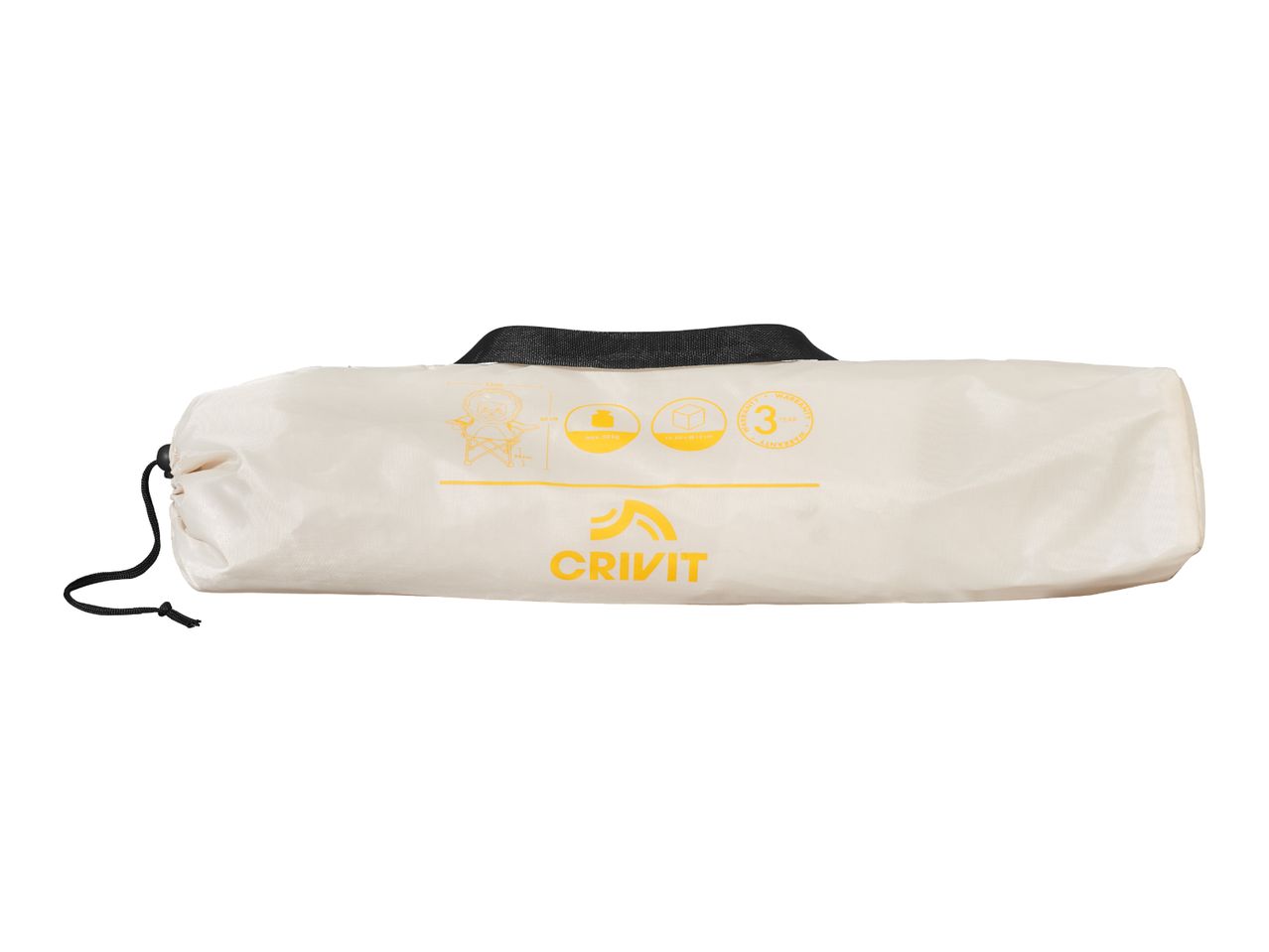 A beige Crivit camping chair in its carrying bag.