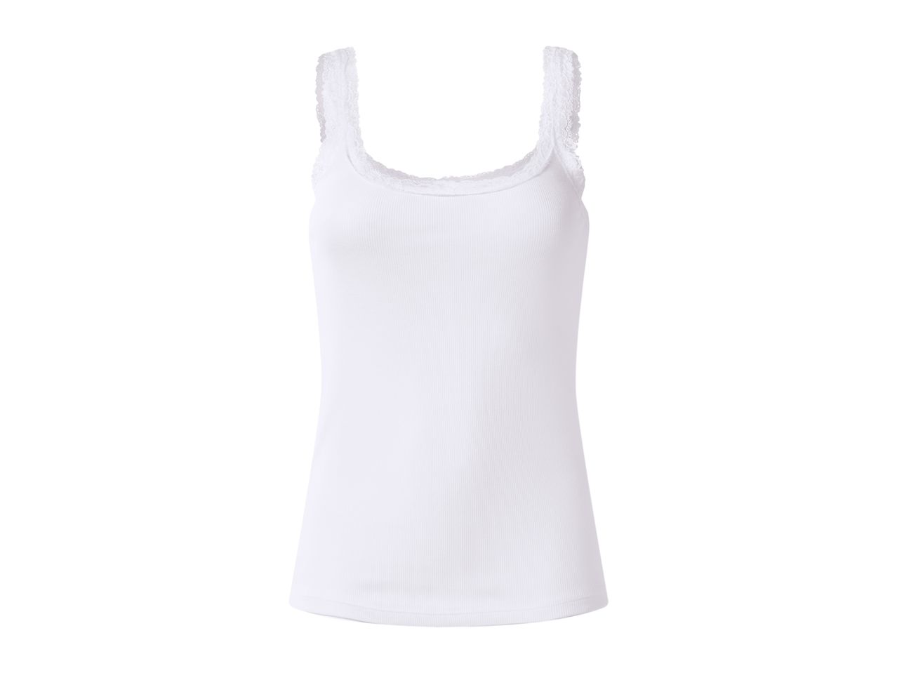 White ribbed tank top with lace trim on the neckline and straps.