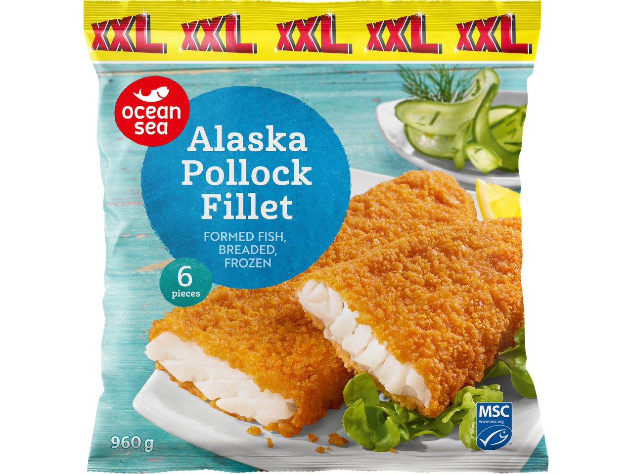 Ocean Sea Alaska Pollockfiléer: 6 panerade, frysta XXL-filéer (960 g).