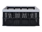 Black and white foldable plastic crate for storage and transport.