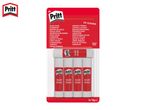 Five glue sticks in a pack, with product information in multiple languages.