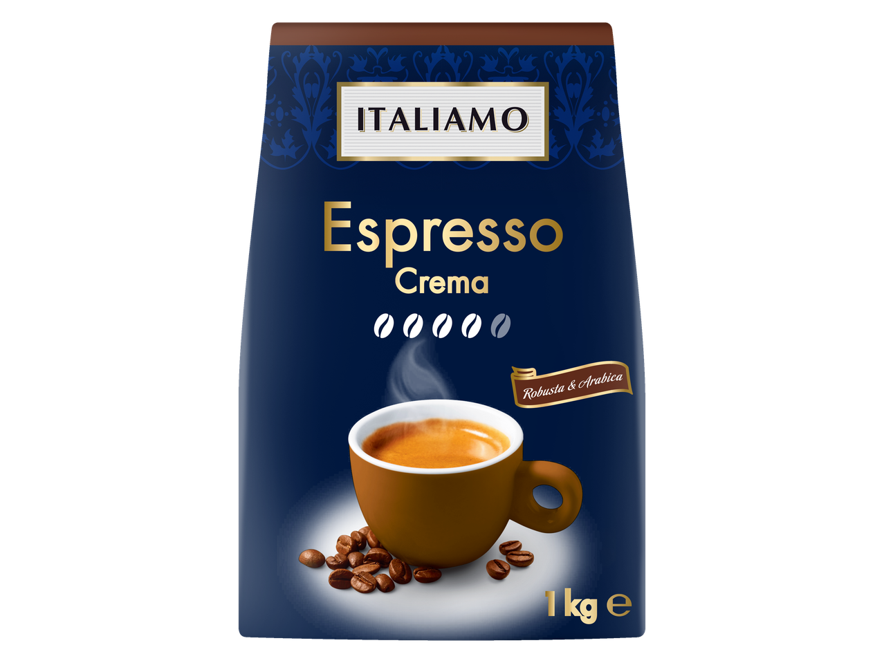 Italiamo Espresso Crema coffee bag with a cup of coffee and beans.