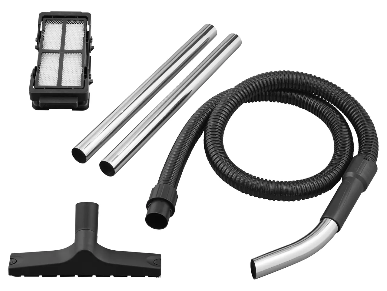 Accessori per aspirapolvere, inclusi filtro, tubi di prolunga, tubo flessibile e spazzola per pavimenti.