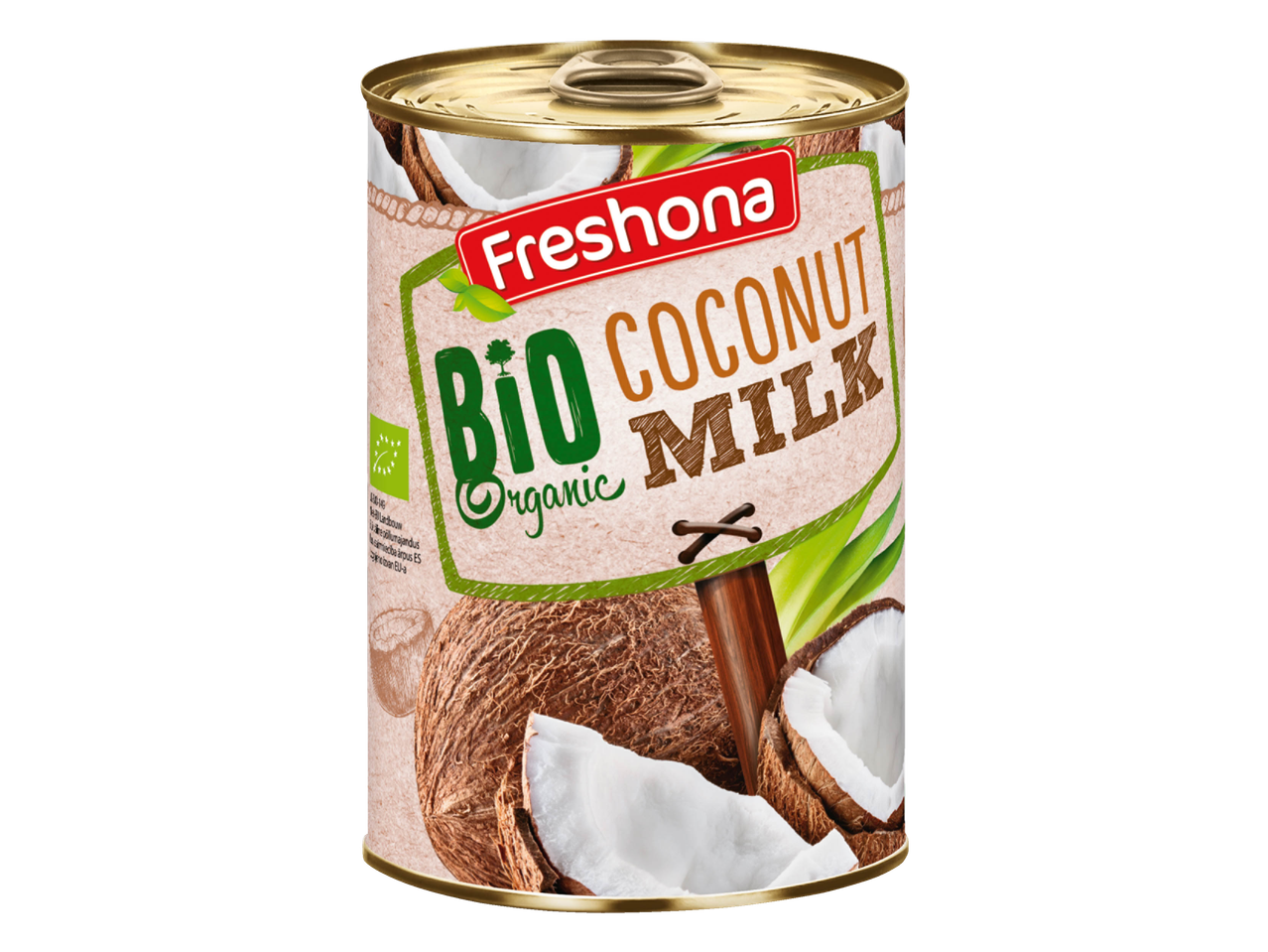 Blik Freshona Bio kokosmelk met afbeelding van kokosnoten.