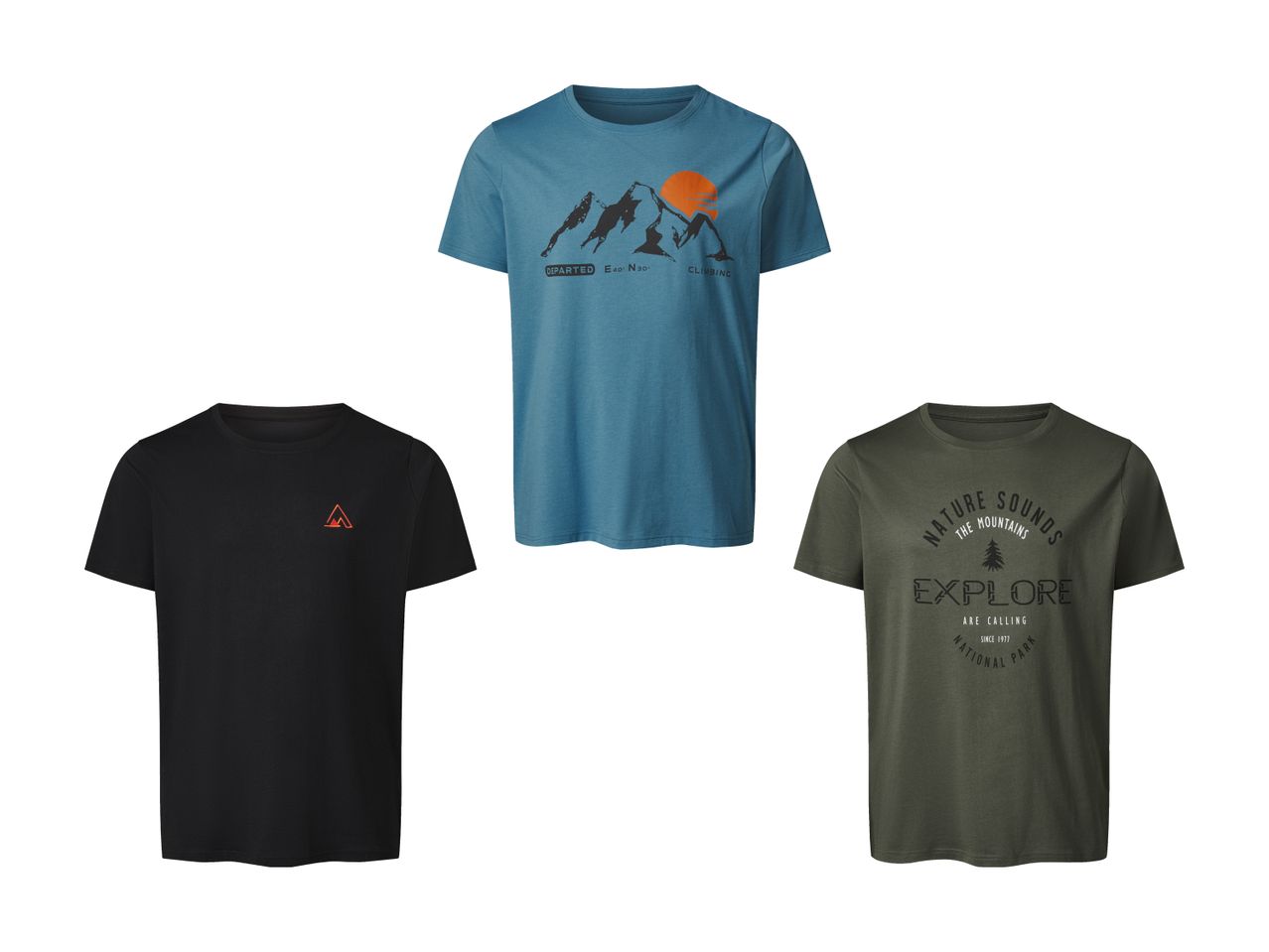 Drei Herren-T-Shirts mit Wander- und Bergmotiven.