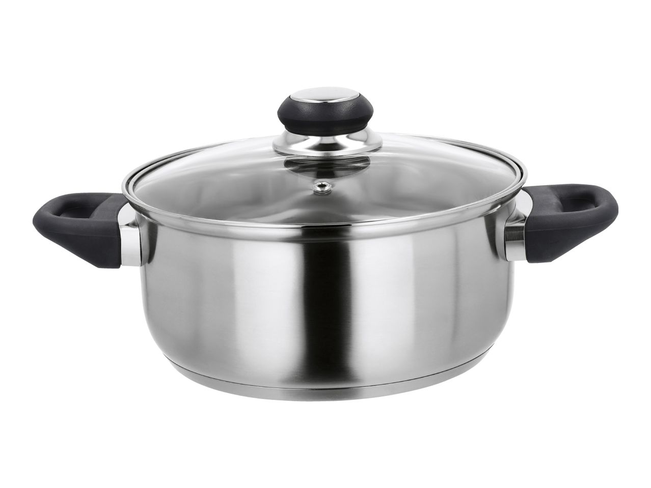 Stainless steel cooking pot with glass lid and black handles