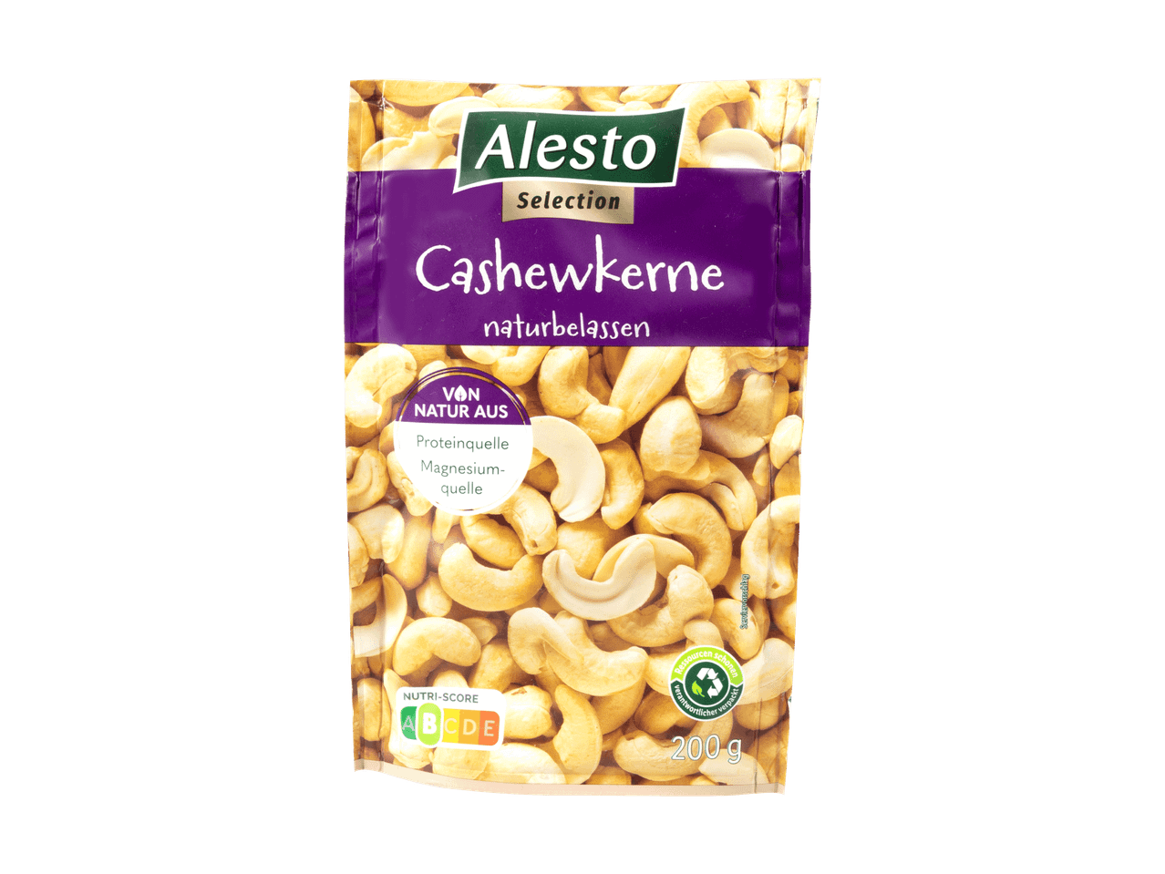 Alesto Selection Cashewkerne: 200g naturbelassene Cashewnüsse in einer Verpackung.