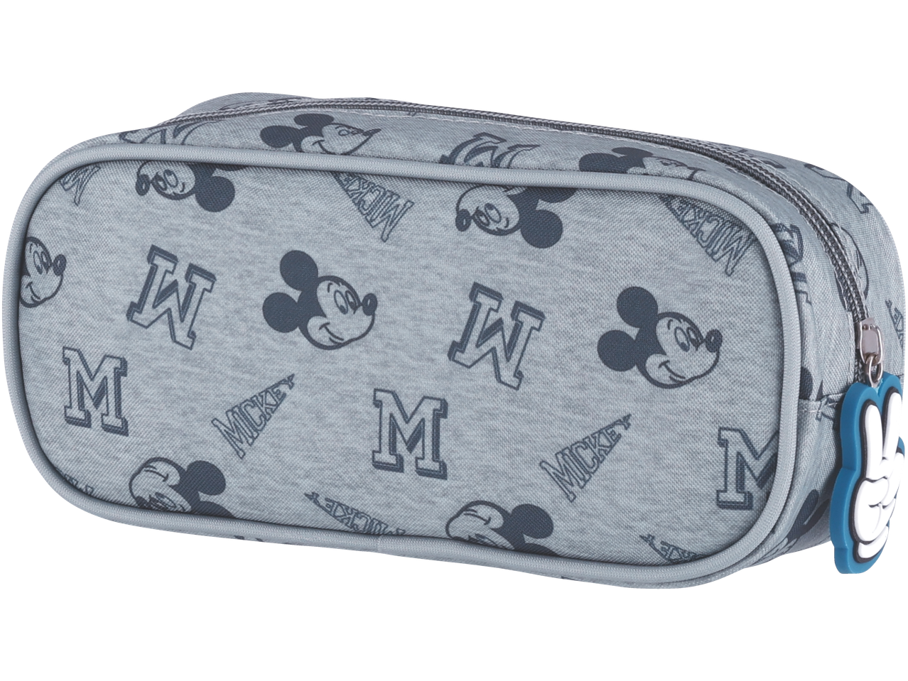 En grå pennfodral med Mickey Mouse-motiv.
