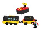 A black and yellow toy train with a remote control and a train conductor figure.