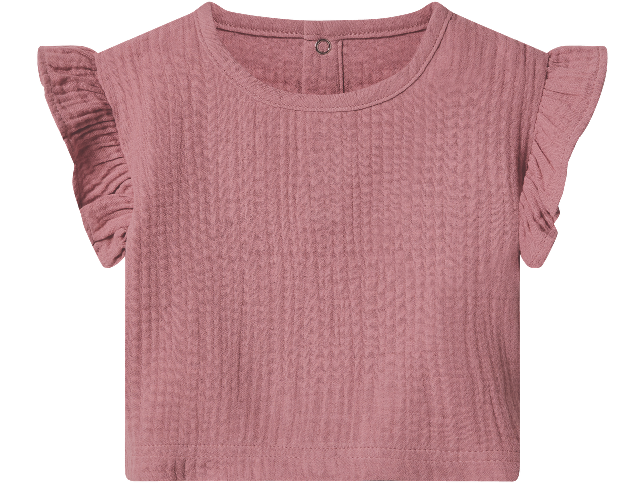Pink baby top with ruffled sleeves and a button closure at the back of the neck.