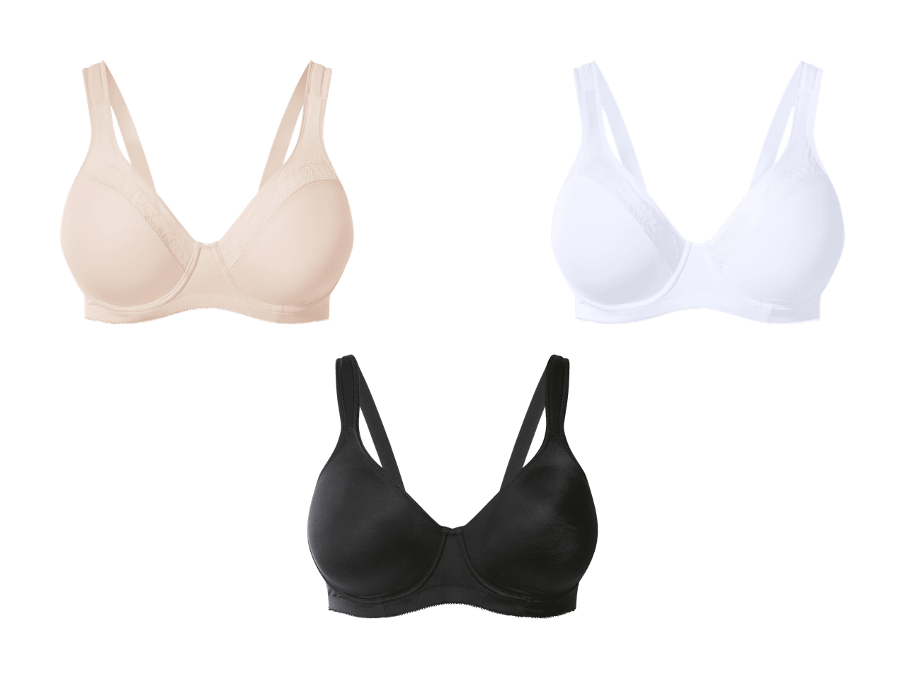 Trois soutiens-gorge de couleurs différentes : beige, blanc et noir.