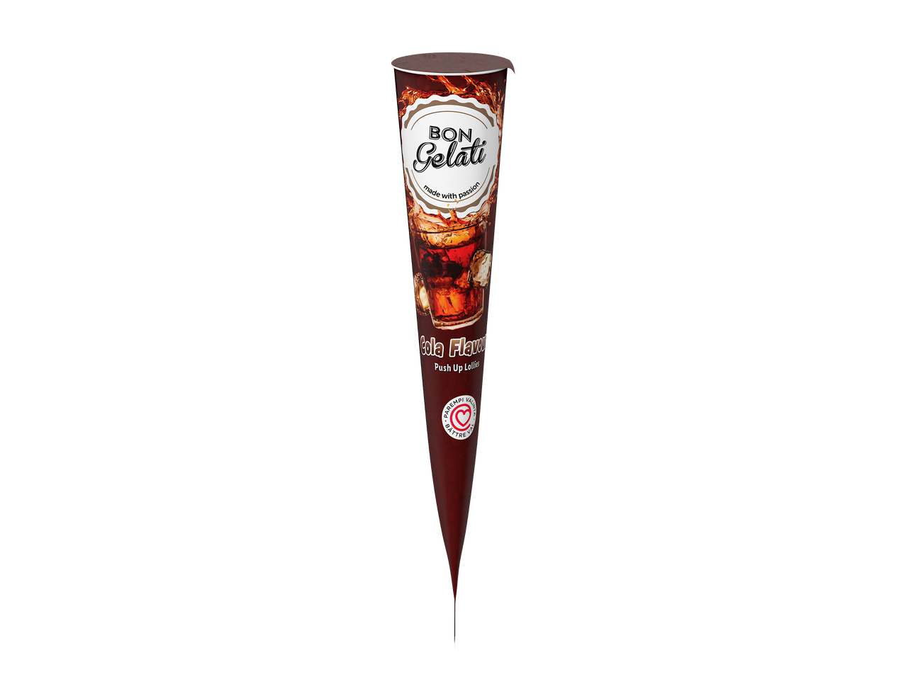 Cola-makuiset push up -tikkujäätelöt, joissa on kuva lasillisesta colaa ja tekstiä.